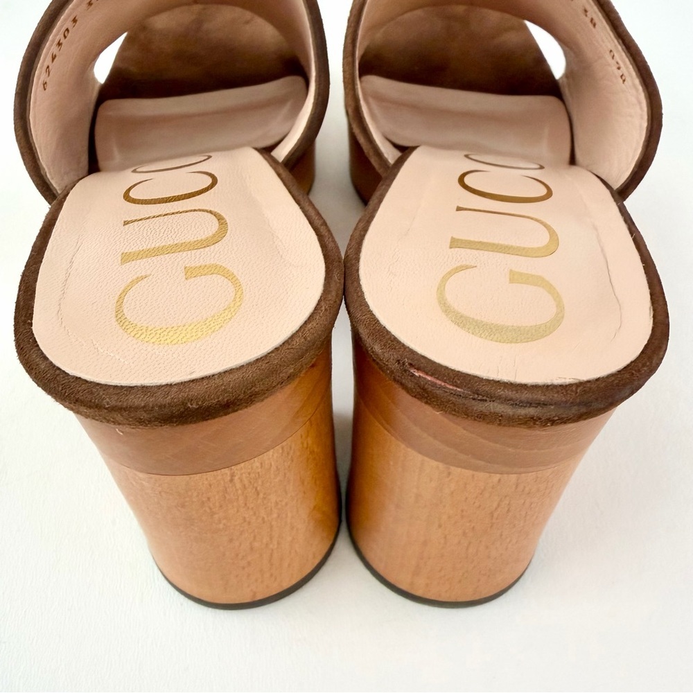 GUCCI || GG Canvas Horsebit Platform Mule Sandals EU 38 Brown Wood Heel - Picture 7 of 12